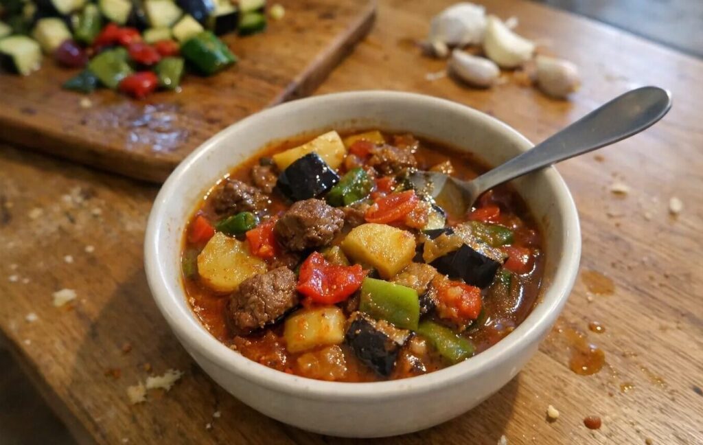 Meat and vegetable stew recipe prep